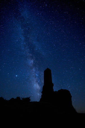 nice view of contrasts of the via lactea and the castle tower of zafra in the province of guadalajara in spainの写真素材