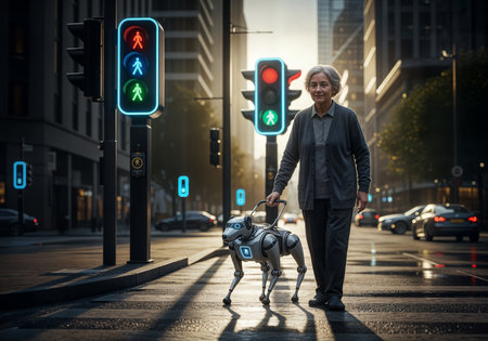 Elderly businesswoman walking with a dog in the city.の素材