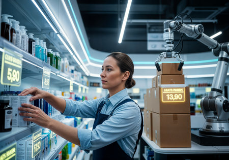 Smart factory worker with robotic arms. Smart factory concept. 3D Renderingの素材