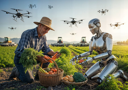 Farmer working in the garden with robot and drone on the backgroundの素材
