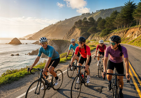 Group of people cycling on the road to the ocean, active healthy lifestyle conceptの素材