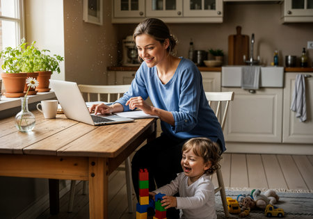 Smiling mother and her little son using laptop at home. Focus on womanの素材