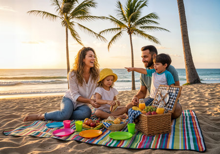 Happy family having picnic on the beach at sunset. Concept of friendly family.の素材