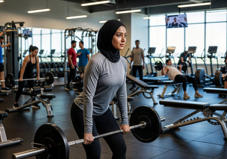 muslim woman lifting barbell in gym with group of people on backgroundの素材