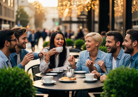 Group of happy young people having a coffee break in a cafe.の素材