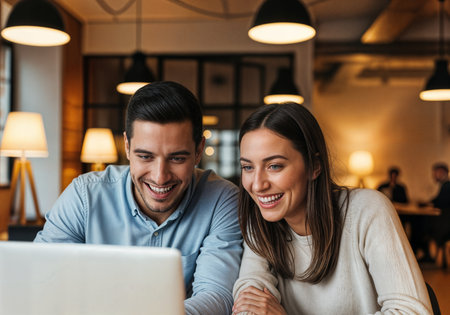 Image of happy young loving couple indoors in cafe using laptop computer.の素材