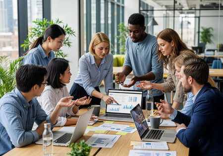 multiethnic businesspeople in formal wear working together in modern officeの素材