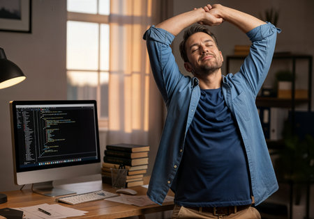 Stressed young man sitting at his desk in front of computer monitor and stretchingの素材