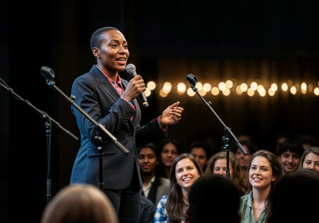 African-American male speaker giving a speech at a conferenceの素材