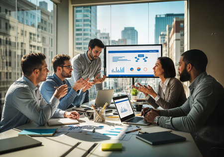 Group of business people in a meeting at office. Business people discussing the charts and graphs showing the results of their successful teamwork.の素材