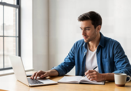 Handsome young man in casual clothes working with laptop while sitting at the table in officeの素材