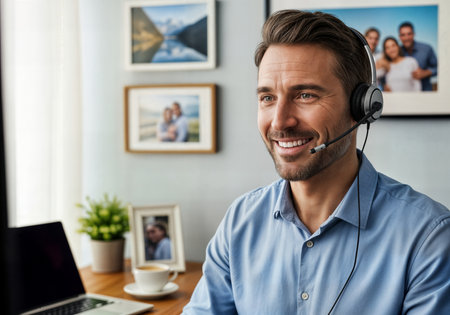 Portrait of a smiling male customer service representative wearing headset while sitting at his desk in officeの素材