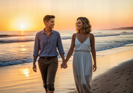 Romantic young couple holding hands and walking on the beach at sunsetの素材