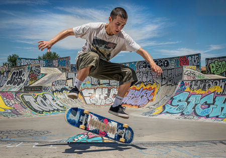 A skateboarder in a skate park.の素材