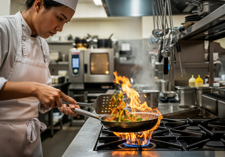 Chef cooking vegetable stir fry on gas stove in restaurant kitchen.の素材