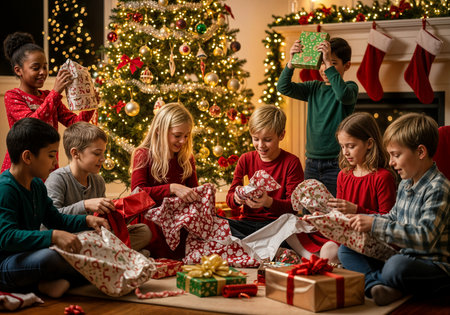 Group of happy children opening Christmas presents at home in the living roomの素材