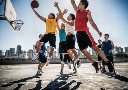 basketball game sport player in action on outdoor court with cityscape backgroundの素材
