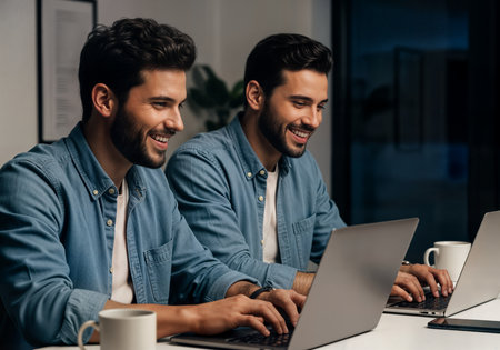smiling young businessmen working on laptop together in office during work breakの素材