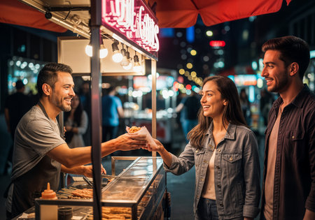 Couple buying ice cream in a street food stall at night.の素材