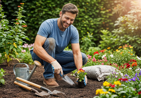 Gardener planting flowers in the garden. Gardening concept.の素材