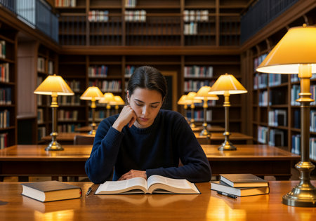 Young woman reading a book in a library. Education and knowledge concept.の素材