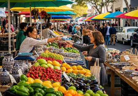 People shopping at the market in Barcelona, Spainの素材