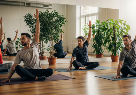 Group of young people practicing yoga in a studio. Yoga class.の素材