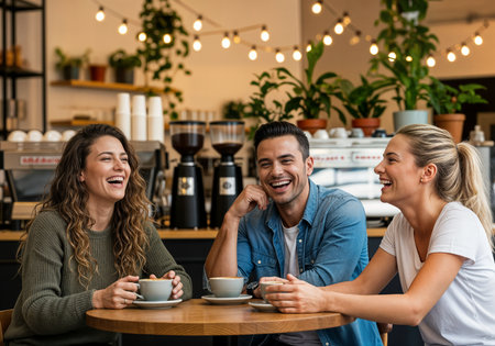 happy young friends drinking coffee and talking in cafe, barista conceptの素材