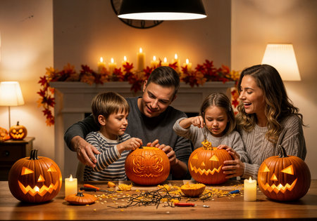 Happy family carving pumpkins on Halloween at home. Mother, father and children having fun together.の素材