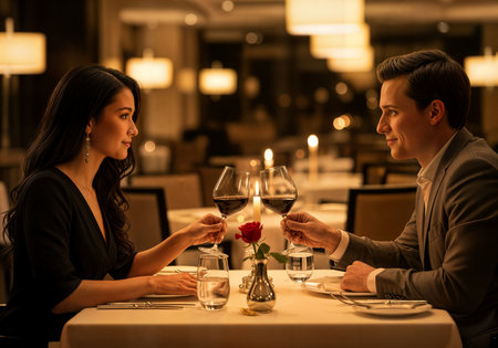 Romantic dinner in a restaurant. Couple in love sitting at a table in a restaurant.の素材