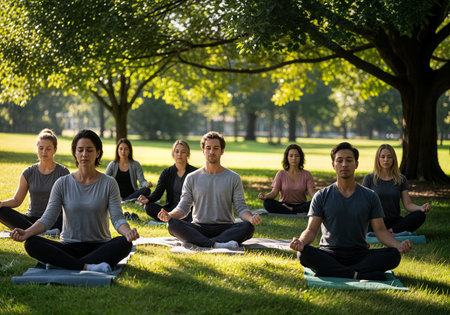 Group of people practicing yoga in the park on a sunny day.の素材
