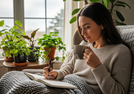 Relaxed young woman with cup of coffee writing in notebook at homeの素材