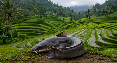 Catfish on the rice terraces in Bali, Indonesia.の素材