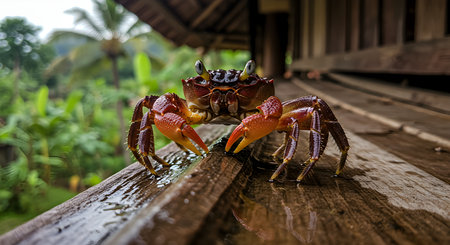 Red crab on a wooden floor in the rainforest of Borneo.の素材