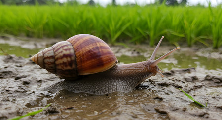 Snail crawling on the paddy rice field in rainy season.の素材