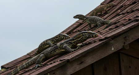 The monitor lizard (Varanus salvator) on the roofの素材