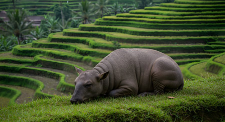 Hippopotamus resting on rice terraces in Bali, Indonesiaの素材