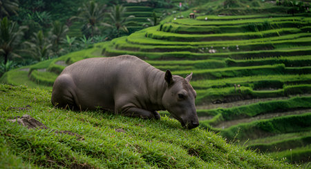 Hippopotamus in the rice terraces of Bali, Indonesiaの素材