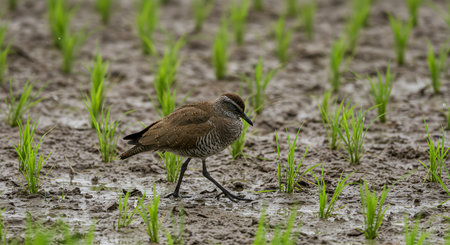 Roughshank in paddy rice field in Thailand, Asiaの素材