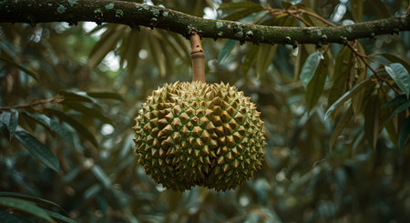 Durian fruit on the tree in the garden. Selective focus.の素材