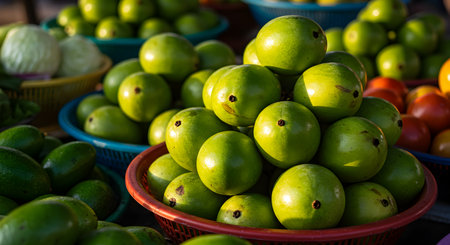 Green tomatoes on the market in India. Green tomatoes on the market.の素材