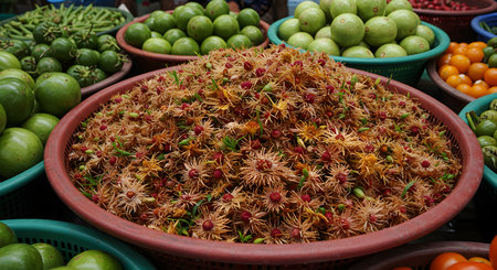 Flowers and fruits at the market in the city of Bangkok in Thailand in Southeastasia.の素材