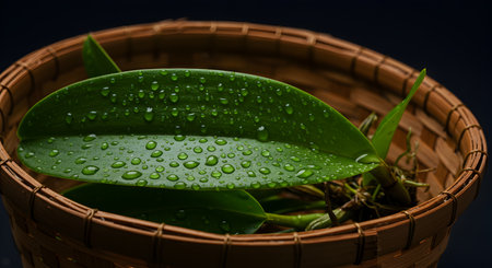 Water drops on green orchid in a bamboo basket on black backgroundの素材