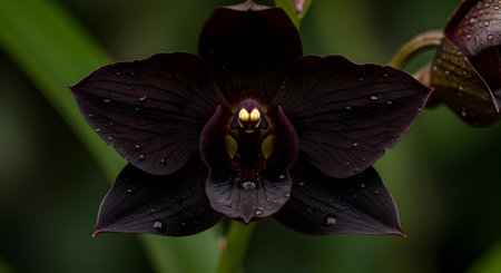 Black orchid with water drops on the petals, close upの素材