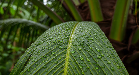 Rain drops on the green leaf of a palm tree in the gardenの素材