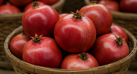 Ripe pomegranates in a basket. Selective focus.の素材