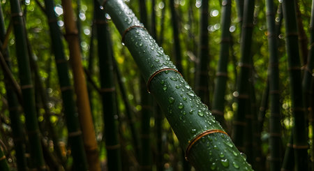 Green bamboo forest with water drops in the morning, close-upの素材