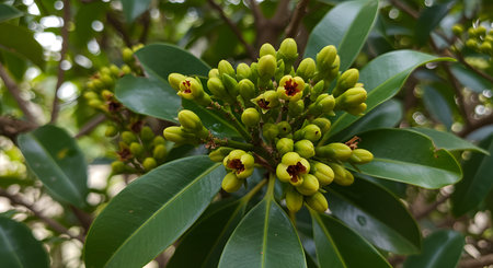 Close up of the flowers of a tree with green leaves and yellow flowersの素材