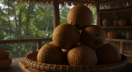 Coconut fruit in basket on wooden table. Bali island.の素材