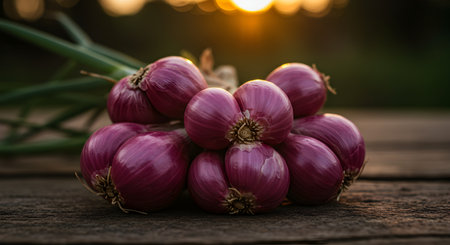 onion on wooden table with sun light background, selective focus.の素材